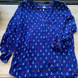 Red White Blue Boat Anchor Print 3/4 Sleeve Light Flowy Thin Summer Shirt Blouse